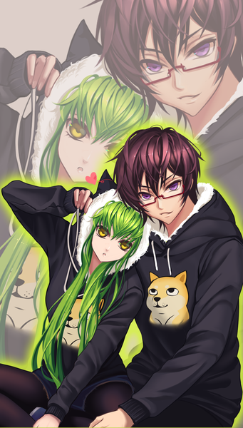 Anime picture 1050x1843 with code geass sunrise (studio) c.c. lelouch lamperouge qinshou long hair tall image looking at viewer fringe short hair hair between eyes sitting purple eyes yellow eyes purple hair green hair couple zoom layer girl boy