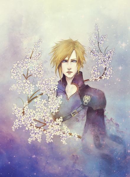 Anime picture 1388x1890 with final fantasy vii advent children final fantasy final fantasy vii square enix cloud strife robasarel single tall image short hair blue eyes blonde hair cherry blossoms boy flower (flowers) belt armor