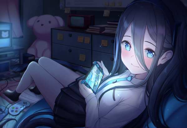 Anime picture 2524x1728 with blue archive aris (blue archive) moshi imo single long hair looking at viewer blush fringe highres blue eyes black hair hair between eyes indoors night sparkle girl uniform school uniform necktie toy