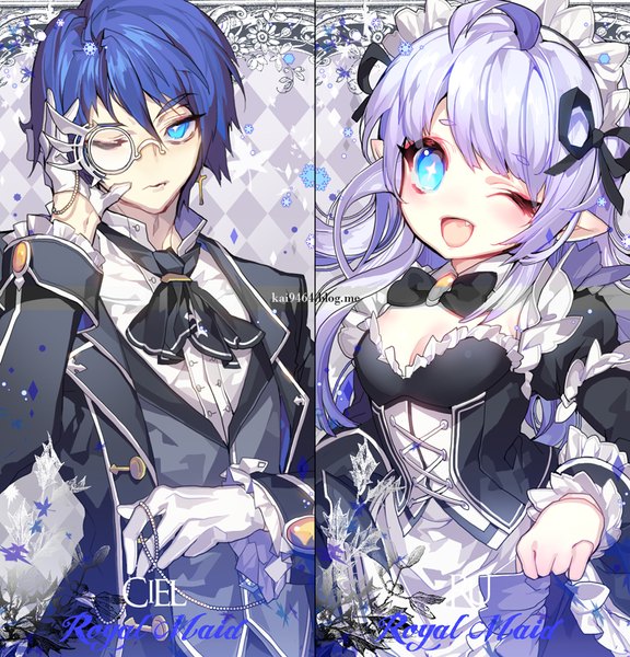 Anime picture 800x833 with elsword luciela r. sourcream (elsword) ciel (elsword) pika (kai9464) long hair tall image fringe short hair blue eyes smile hair between eyes holding signed payot blue hair cleavage purple hair ahoge one eye closed pointy ears