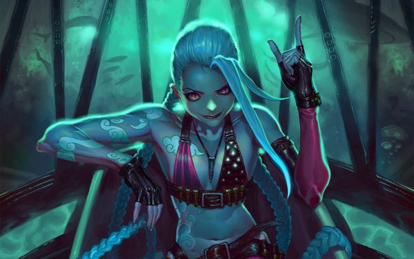 Anime picture 1680x1050 with league of legends jinx (league of legends) happykwak single looking at viewer breasts smile wide image purple eyes blue hair braid (braids) very long hair nail polish pink eyes flat chest bodypaint girl gloves navel pendant