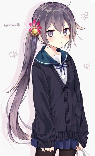 Anime picture 700x1143 with kantai collection akebono destroyer shijima (sjmr02) single long hair tall image looking at viewer blush fringe black hair simple background hair between eyes standing white background signed ahoge black eyes shadow side ponytail sleeves past wrists