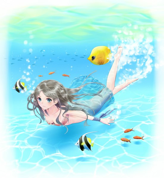 Anime picture 1031x1121 with original kouzuki yui long hair tall image looking at viewer blue eyes grey hair underwater girl skirt swimsuit bubble (bubbles) fish (fishes)