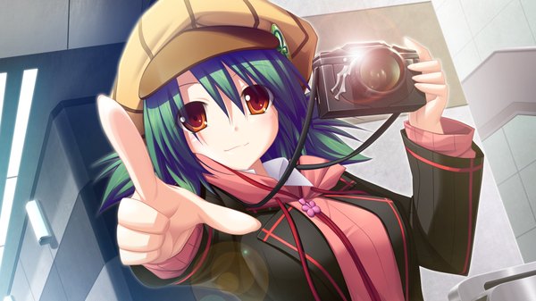 Anime picture 1024x576 with soukoku no arterial short hair red eyes wide image game cg green hair pointing girl hat camera