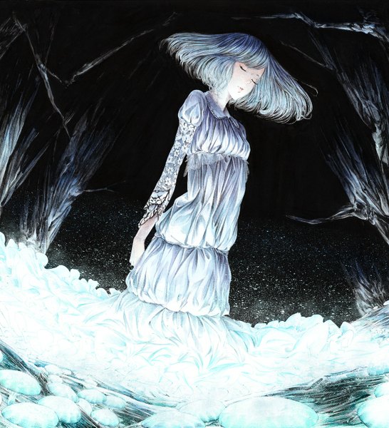 Anime picture 1280x1407 with sousou (sousouworks) single tall image fringe short hair open mouth standing blue hair eyes closed night teeth floral print monochrome girl dress plant (plants) tree (trees) water branch blue dress