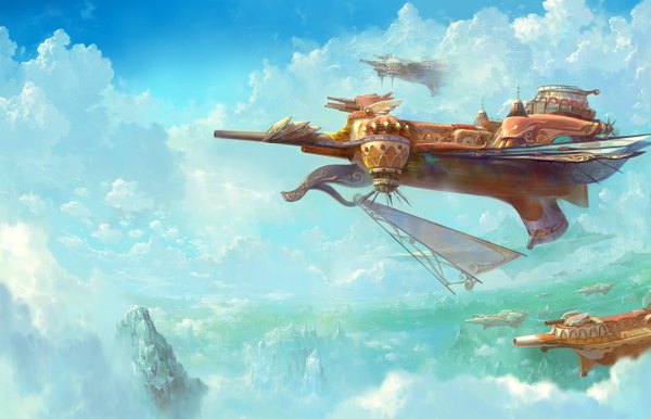 Anime picture 1300x837 with original paperblue sky cloud (clouds) flying fantasy rock aircraft airship