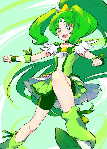 Anime picture 686x956 with precure smile precure! toei animation midorikawa nao cure march kurochiroko single tall image open mouth green eyes ponytail very long hair green hair from below magical girl girl dress detached sleeves choker leggings