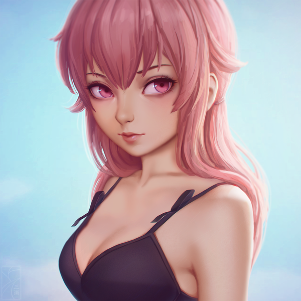 Anime picture 1120x1120 with mirai nikki gasai yuno miura-n315 single long hair fringe light erotic simple background hair between eyes looking away pink hair cleavage upper body pink eyes lips realistic blue background makeup girl lingerie