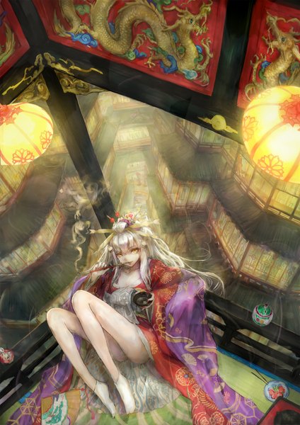 Anime picture 1084x1534 with original toritoritottori single long hair tall image sitting yellow eyes silver hair nail polish japanese clothes fingernails city smoke long fingernails smoking girl hair ornament socks food kimono