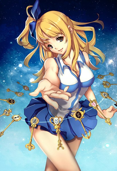 Anime picture 650x950 with fairy tail lucy heartfilia lucidsky single long hair tall image looking at viewer fringe breasts blue eyes blonde hair head tilt light smile sleeveless one side up girl skirt clothes key
