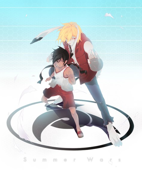 Anime picture 1104x1397 with summer wars madhouse king kazuma ikezawa kazuma mirunai tall image short hair black hair blonde hair red eyes black eyes casual shorts belt bunny jeans