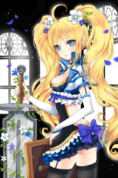 Anime picture 800x1199 with sword girls oclette bittersweet (dalcoms) single long hair tall image looking at viewer blush fringe breasts blue eyes light erotic blonde hair twintails holding cleavage ahoge hair flower lips no bra