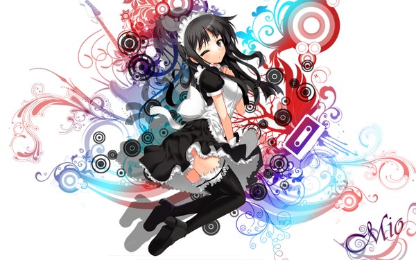 Anime picture 1440x900 with k-on! kyoto animation akiyama mio single long hair black hair wide image one eye closed wink black eyes maid character names girl thighhighs bow black thighhighs headdress maid headdress