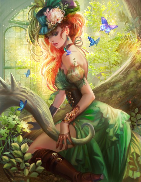 Anime picture 638x825 with batman dc comics poison ivy jiuge single long hair tall image bare shoulders green eyes parted lips profile orange hair realistic arm support lipstick pink lipstick underbust girl dress gloves