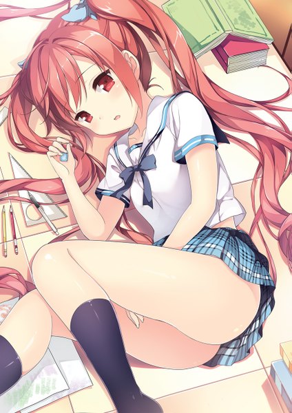 Anime picture 919x1300 with original moe2013 chiyingzai single long hair tall image looking at viewer blush open mouth light erotic red eyes twintails ass red hair lying legs on side plaid skirt girl skirt