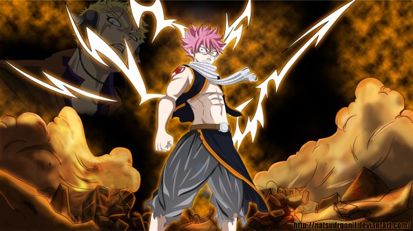 Anime picture 5252x2945 with fairy tail natsu dragneel laxus dreyar natsudrgonil highres short hair blonde hair red eyes wide image yellow eyes pink hair absurdres tattoo sleeveless coloring magic muscle lightning boy choker