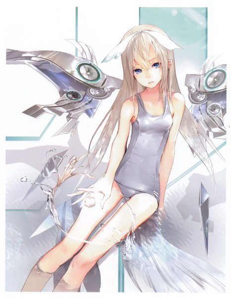 Anime picture 4240x5453 with million arthur (series) kaku-san-sei million arthur square enix nil (artist) single long hair tall image looking at viewer highres blue eyes sitting absurdres silver hair pointy ears scan mechanical wings girl bow swimsuit hair bow