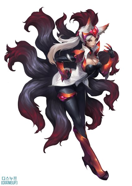 Anime picture 1000x1412 with league of legends ahri (league of legends) eirashard single long hair tall image looking at viewer breasts simple background red eyes white background animal ears white hair tail fox girl multiple tails girl