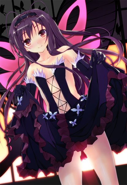 Anime picture 1000x1449 with accel world sunrise (studio) kuroyukihime hasshin akiichi (yagami shuuichi) single long hair tall image blush black hair red eyes bare shoulders insect wings butterfly wings girl dress gloves navel elbow gloves hairband