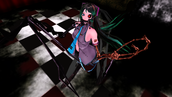 Anime picture 1280x720 with vocaloid bacterial contamination (vocaloid) hatsune miku deino single long hair wide image twintails multicolored hair heterochromia dark background checkered floor mechanical parts girl skirt necktie robot android