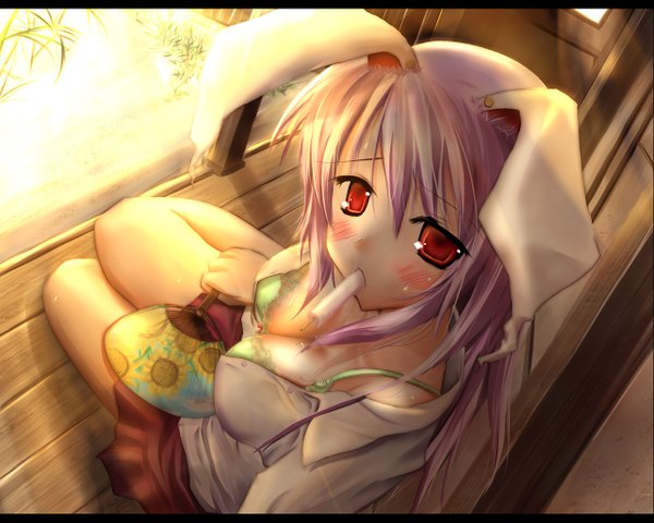 Anime picture 1280x1024 with touhou reisen udongein inaba scarlet (studioscr) light erotic animal ears cleavage open clothes bunny ears open shirt bunny girl girl fan