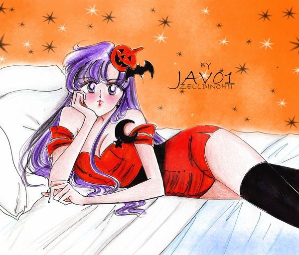 Anime picture 1024x874 with bishoujo senshi sailor moon toei animation hino rei zelldinchit (artist) single long hair looking at viewer blush simple background purple eyes bare shoulders purple hair lying crossed legs halloween crescent orange background girl thighhighs dress