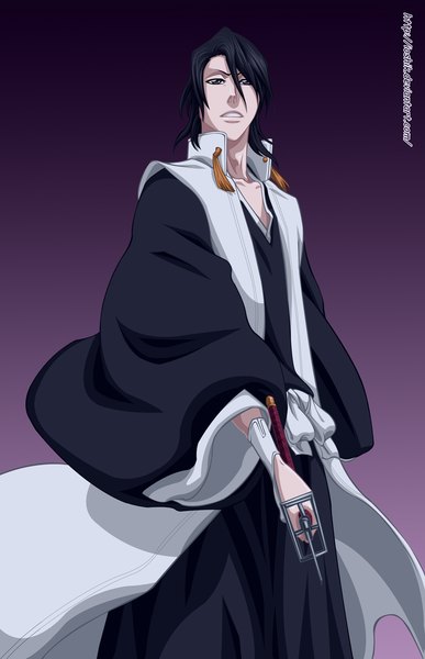Anime picture 839x1300 with bleach studio pierrot kuchiki byakuya ioshik single tall image short hair black hair simple background purple eyes traditional clothes japanese clothes coloring dark background purple background boy weapon sword belt kimono