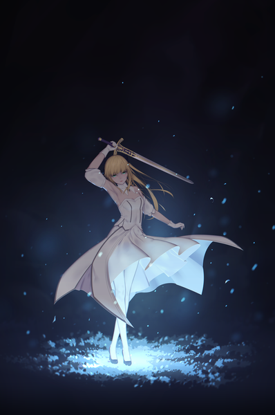 Anime picture 1880x2830 with fate (series) fate/stay night fate/unlimited codes artoria pendragon (all) saber saber lily maredoro single long hair tall image looking at viewer fringe highres blonde hair hair between eyes standing holding green eyes full body ahoge