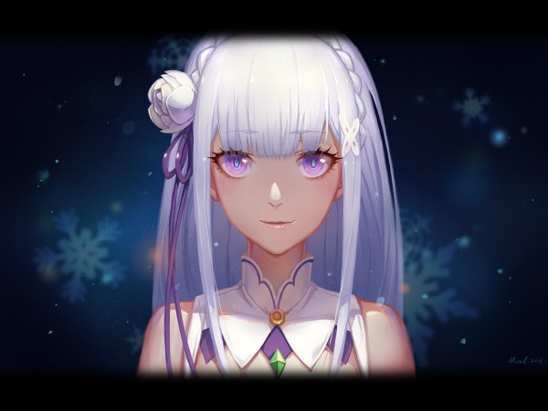 Anime picture 1200x900 with re:zero kara hajimeru isekai seikatsu white fox emilia (re:zero) mool yueguang single long hair looking at viewer blush fringe breasts simple background wide image bare shoulders signed payot cleavage silver hair upper body blunt bangs braid (braids)