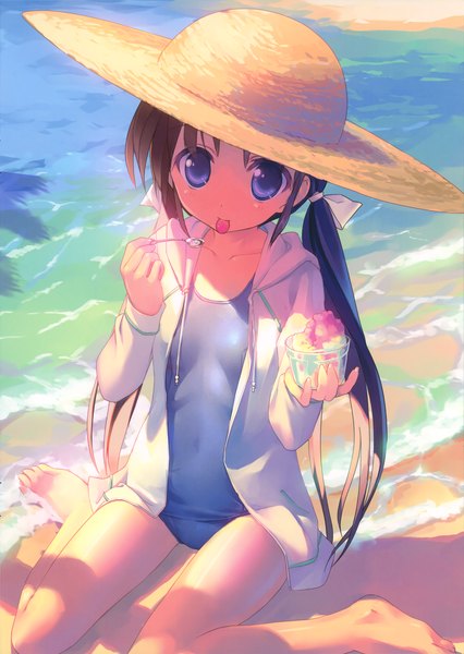 Anime picture 2868x4038 with original takoyaki (roast) long hair tall image highres blue eyes brown hair open clothes loli open shirt beach :p girl swimsuit hat food sweets ice cream
