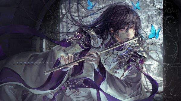 Anime picture 1778x1000 with original claparo-sans single long hair fringe highres black hair hair between eyes wide image purple eyes holding signed looking away full body traditional clothes japanese clothes wind realistic inscription piercing
