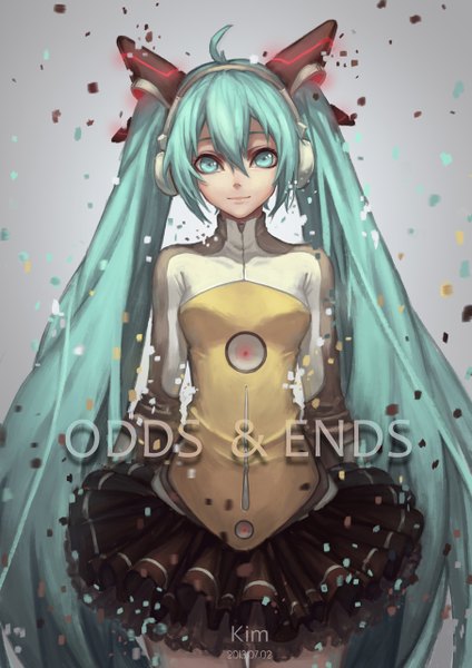 Anime picture 905x1280 with vocaloid odds & ends (vocaloid) hatsune miku kim (artist) single long hair tall image looking at viewer simple background twintails signed aqua eyes aqua hair inscription girl skirt headphones