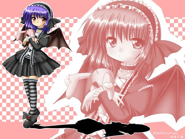 Anime picture 1024x768 with touhou remilia scarlet kagura chitose single short hair red eyes signed purple hair zettai ryouiki striped bat wings lolita fashion zoom layer goth-loli girl thighhighs wings frills hairband toy