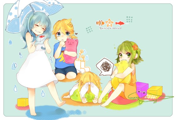 Anime picture 1525x1041 with vocaloid hatsune miku kagamine rin kagamine len gumi bottle miku bottle rin bottle len bottle gumi hiiro (artist) long hair blush short hair blue eyes blonde hair smile twintails bare shoulders multiple girls green eyes