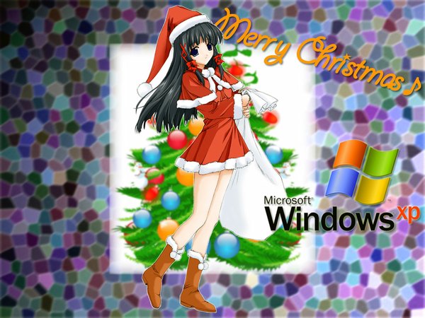 Anime picture 1024x768 with os-tan windows (operating system) xp-tan (saseko) single long hair blue eyes black hair full body christmas girl