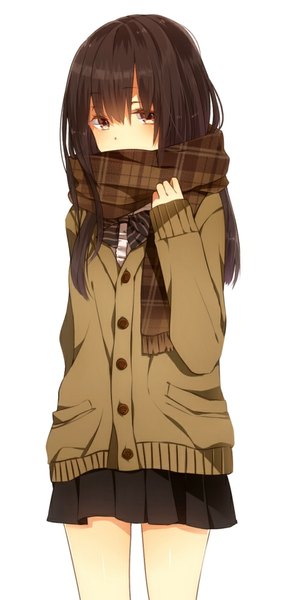 Anime picture 469x1000 with original recotasan single long hair tall image looking at viewer blush black hair simple background white background brown eyes girl skirt scarf sweater