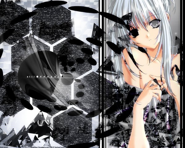Anime picture 1280x1024 with sister princess zexcs chikage (sister princess) tagme (artist) single long hair looking at viewer highres bare shoulders silver hair black eyes inscription grey eyes heterochromia covering girl