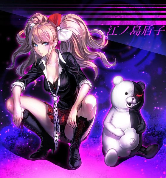 Anime picture 928x1000 with dangan ronpa enoshima junko monokuma kogami akito long hair tall image looking at viewer blush blue eyes light erotic sitting twintails pink hair full body pleated skirt open clothes open shirt plaid skirt squat partially open clothes