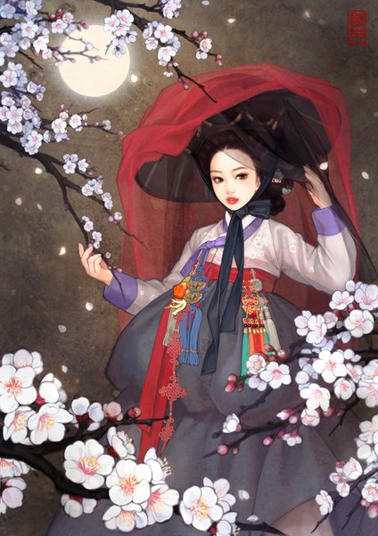 Anime picture 621x878 with original obsidian single tall image looking at viewer brown hair brown eyes traditional clothes lips night night sky cherry blossoms girl flower (flowers) ribbon (ribbons) plant (plants) hat petals tree (trees) moon