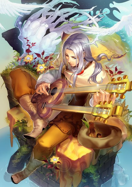 Anime picture 707x1000 with ragnarok online bard (ragnarok online) liduke single long hair tall image blue eyes sitting silver hair music musician boy flower (flowers) plant (plants) hat earrings animal water boots bird (birds)