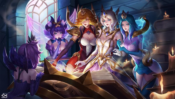 Anime picture 1967x1118 with league of legends lux (league of legends) elementalist lux light elementalist lux water elementalist lux dark elementalist lux fire elementalist lux mystic elementalist lux gu-ko citemer long hair fringe highres breasts open mouth blue eyes smile wide image standing twintails bare shoulders