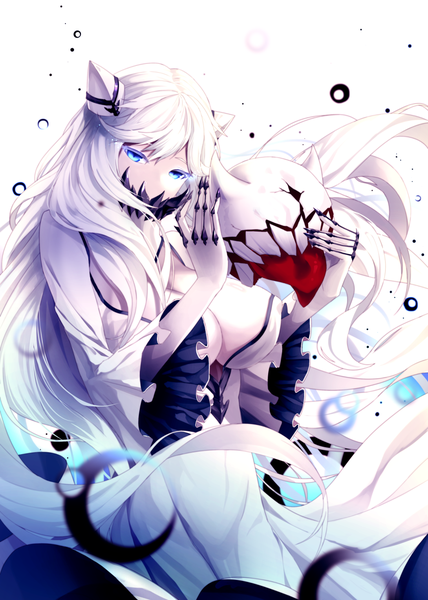 Anime picture 1050x1470 with kantai collection midway hime enemy aircraft (kantai collection) limeblock single long hair tall image looking at viewer fringe breasts blue eyes light erotic simple background large breasts white background holding white hair head tilt wide sleeves teeth