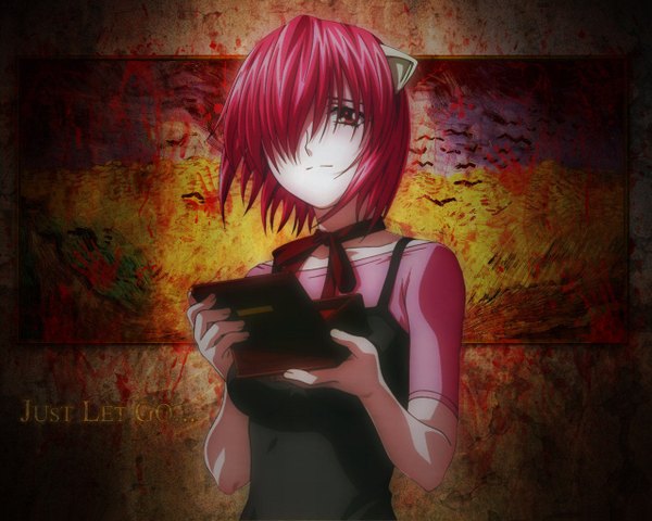 Anime picture 1280x1024 with elfen lied arms corporation lucy james hildenbrand (redxxii) lynn okamoto (artist) single looking at viewer fringe short hair red eyes signed animal ears pink hair upper body red hair light smile hair over one eye inscription wallpaper third-party edit