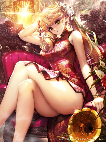 Anime picture 1600x2133 with furyou michi ~gang road~ xaxak single long hair tall image looking at viewer breasts light erotic blonde hair large breasts sitting twintails green eyes indoors traditional clothes parted lips arm up hair flower fingernails inscription