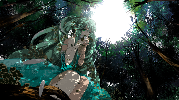 Anime picture 1800x1012 with vocaloid hatsune miku marirero a single highres wide image twintails very long hair aqua eyes aqua hair girl dress plant (plants) tree (trees)