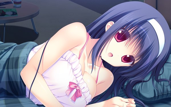 Anime picture 1280x800 with koisuru shimai no sextet kazaura kotone hatori piyoko single long hair looking at viewer blush breasts open mouth light erotic large breasts bare shoulders blue hair game cg cleavage lying night :o on side surprised