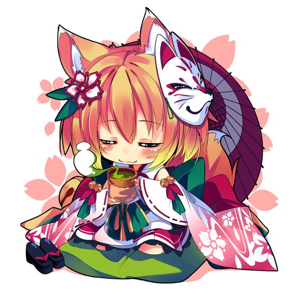 Anime picture 840x840 with original shirokitsune single blush fringe short hair simple background hair between eyes white background sitting holding animal ears full body bent knee (knees) tail eyes closed long sleeves traditional clothes japanese clothes animal tail