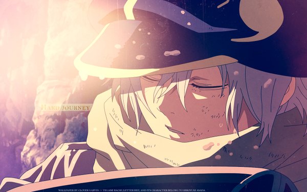 Anime picture 1440x900 with tegami bachi gauche suede clover27 single wide image silver hair eyes closed inscription light winter snow face boy scarf cap scratch