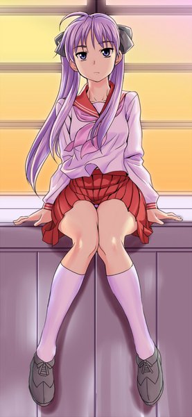 Anime picture 480x1037 with lucky star kyoto animation hiiragi kagami g-tetsu single long hair tall image sitting twintails purple eyes purple hair pleated skirt knees touching girl skirt uniform underwear panties ribbon (ribbons) hair ribbon