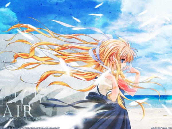 Anime picture 1600x1200 with air key (studio) kamio misuzu kalicodreamz single long hair blue eyes blonde hair signed sky cloud (clouds) profile wind copyright name looking down blue background third-party edit girl uniform ribbon (ribbons)